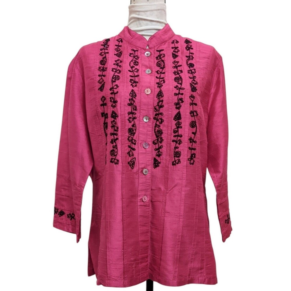 Bleu Bayou Silk Rose Pink Blouse Jacket Embroidery Mother of Pearl Buttons XL